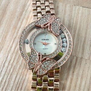 Strada ladies rose gold tone butterfly fashion watch NEW BATTERY